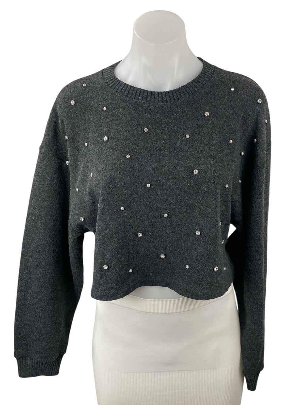 Zara Women's Gray Rhinestone Crew Neck Long Sleeve Crop Sweatshirt Sweater Top M